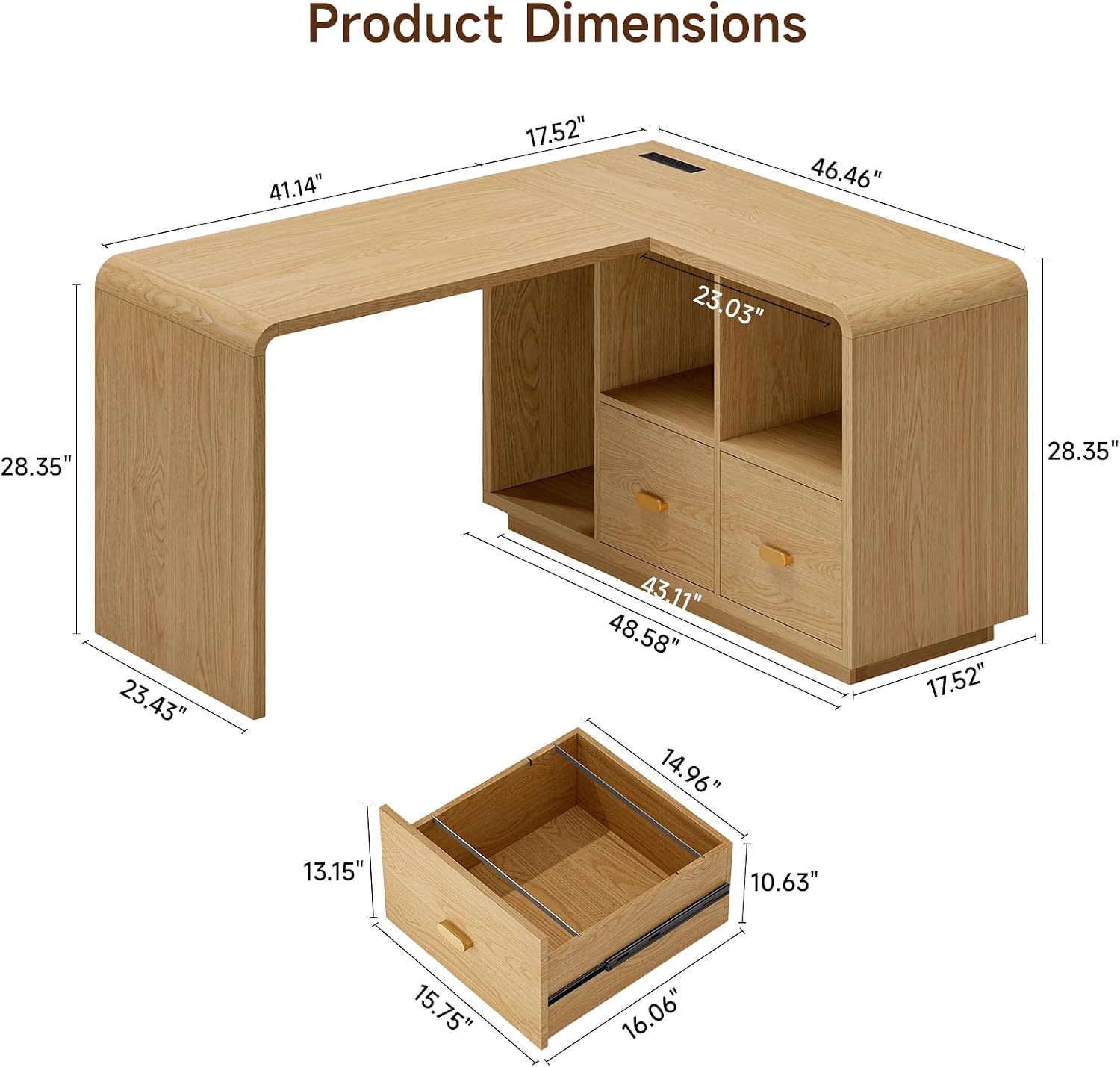 ONBRILL 58' Executive L Shaped Desk with Power Outlets and USB, Home Office Computer Desk with File Drawer and Storage Shelves, Natural Oak