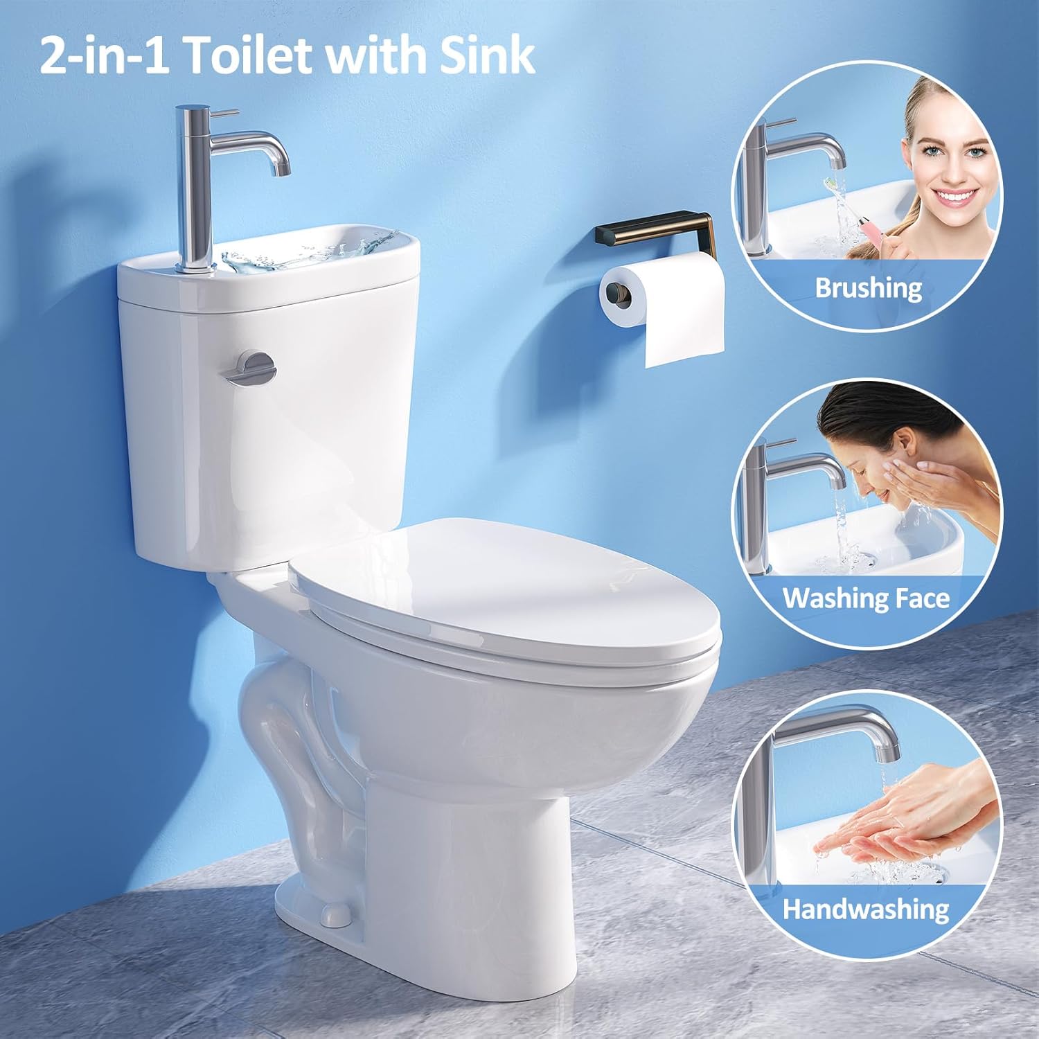 Simple Project Tall Toilet with Sink, Modern 2 in 1 Toilet Bowl with Faucet＆ Comfort Chair Height Seat, Powerful ＆Quiet 1.28 GPF Single Flush, 12' Rough In Elongated High Toilets for Small Bathrooms