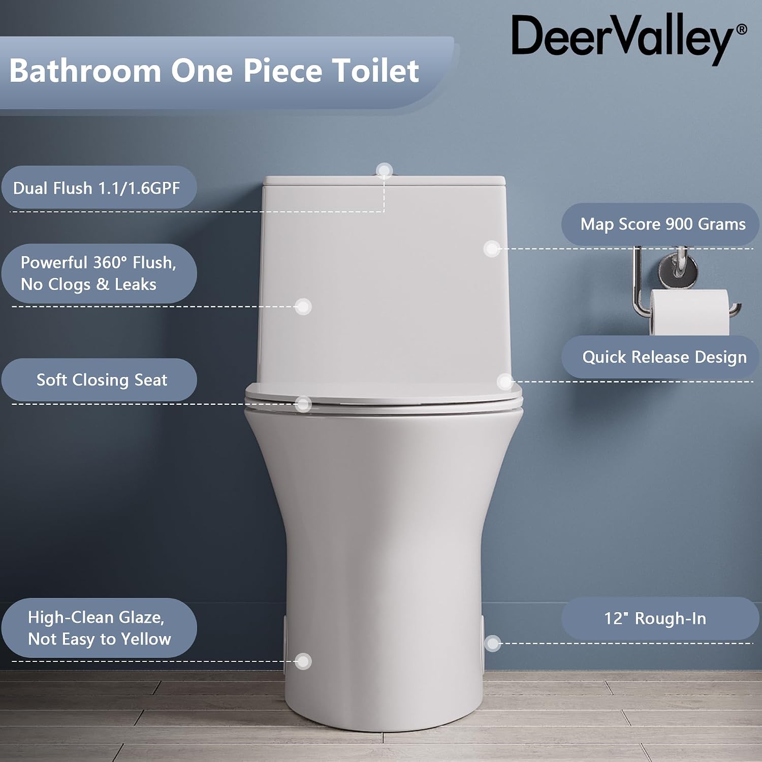 DeerValley Compact One-Piece Toilet for Small Bathrooms, Dual Flush 0.8/1.28 GPF, 900g MAP, Round Bowl, Soft-Close Seat, 12' Rough-In, Space-Saving Design