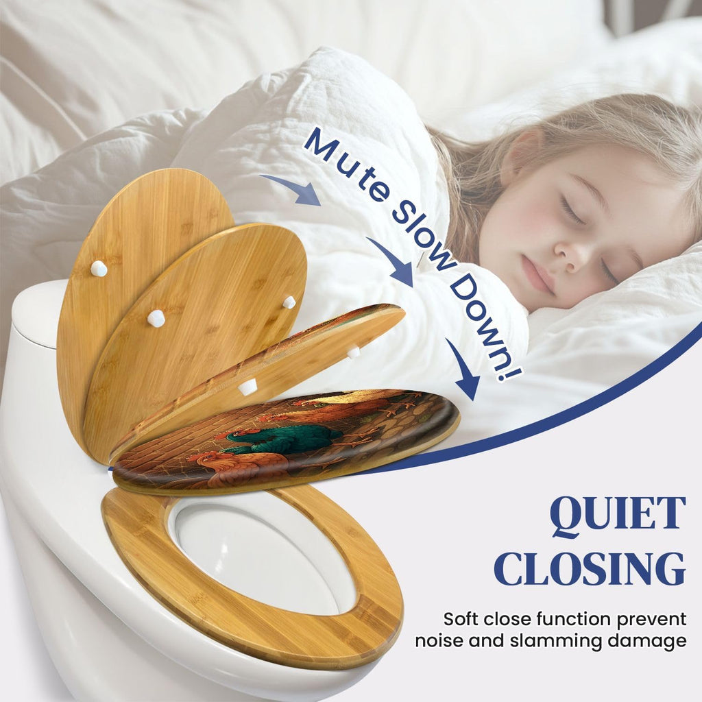 Elongated Toilet Seat Wooden Kitchen Chicken Farm Farmhouse Animal Rooster Rustic Dining Chickens Wood Toilet Seat Slow Quiet Close Lid with Quick-Release Hinges Cover Bumpers Easy to Clean Install