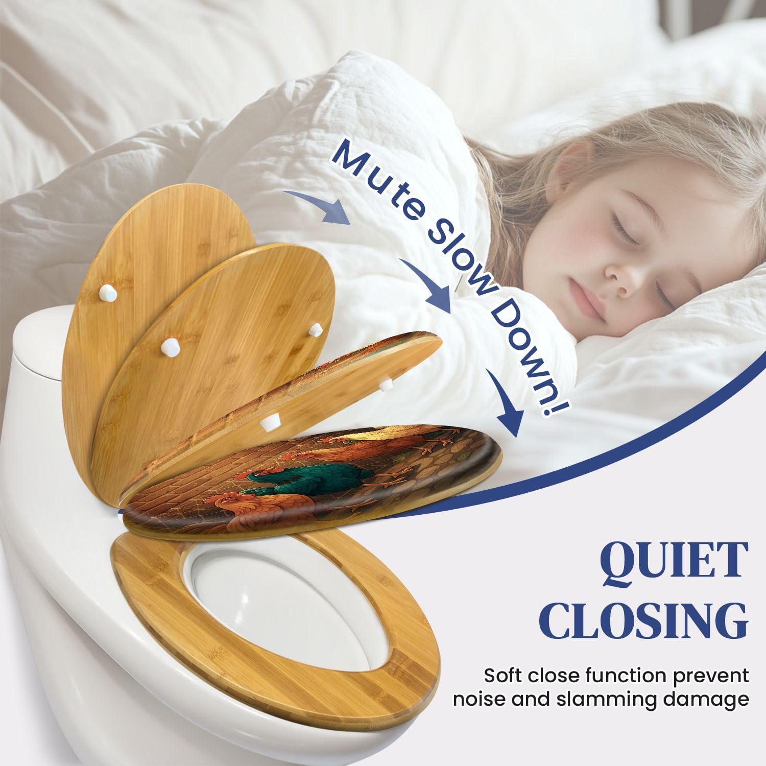 Elongated Toilet Seat Wooden Kitchen Chicken Farm Farmhouse Animal Rooster Rustic Dining Chickens Wood Toilet Seat Slow Quiet Close Lid with Quick-Release Hinges Cover Bumpers Easy to Clean Install
