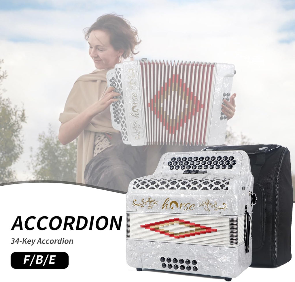 Horse 34 Key Accordion, FBE 12 Bass 3 Row, Made of Celluloid Louder & Clearer Timbre than Plastic,Accordions Instrument for Adults,W/Luxury Backpack,Straps,34 Buttons Acordeón Acordeones Para Adultos
