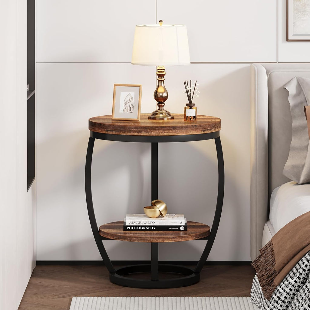 Round End Table Set of 2, 2 Tier Industrial Side Table, Nightstand with Metal Frame, Accent Bedside Table with Storage Shelves for Living Room, Bedroom, Small Spaces, Rustic Brown & Black