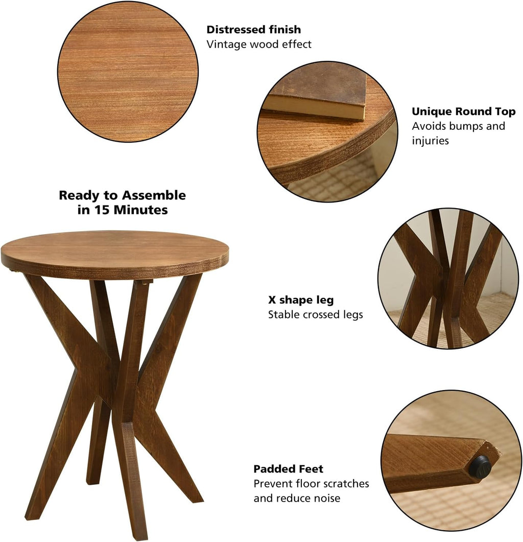 Ahokua Farmhouse Round End Table Set of 2 with MDF Top and Crossed Legs, Mid Century Modern Side Table Small Accent Table for Small Space Stable Nightstand for Living Room, Natural Wood