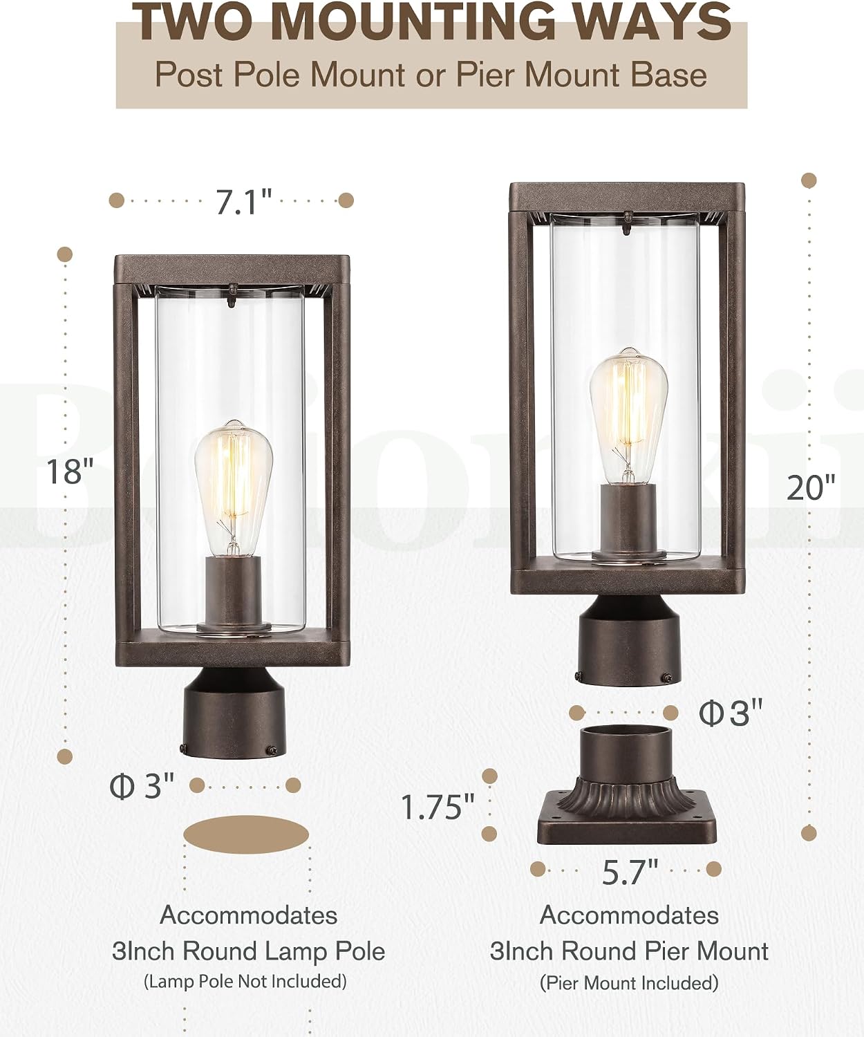 Beionxii Outdoor Post Lights, 20in Post Lantern with Pier Mount Base, Aluminum Street Lights with Glass, Fence Post Deck Lighting for Garden, Patio, Pathway, BXA291-P-2PK-ORB (NOT Solar, 110-120V AC)