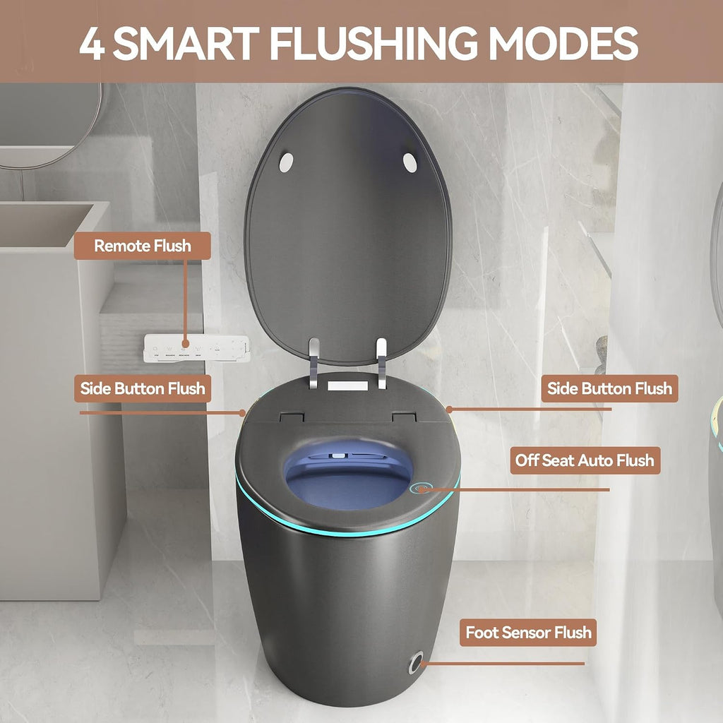 Smart Toilet One Piece with Bidet Built In, Auto Open/Close Seat, Foot Sensor, LED Display, Night Light, Warm Water and Dryer, Grey