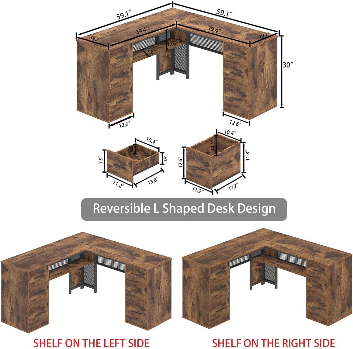 HSH L Shaped Computer Desk with File Drawers, Large Metal Wood L Shape Table with Storage Cabinet Shelves, Reversible Corner Home Office Executive Writing Study Workstation Desk, Rustic Brown, 59 Inch