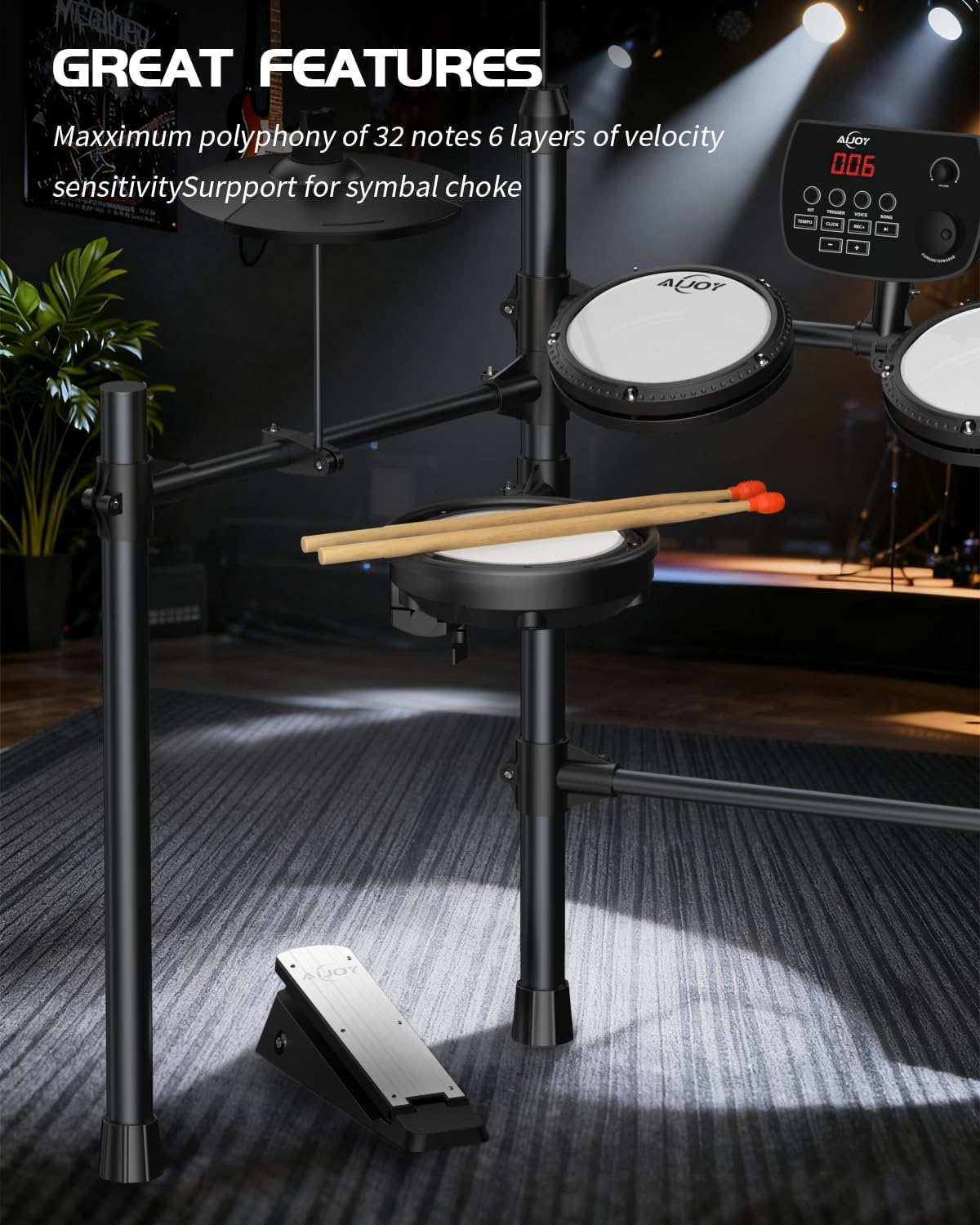 AiJoy Electronic Drum Set for Adults & Beginners, Quiet Mesh Pads with 5 Drums & 3 Cymbals, Dual-Zone Snare, USB MIDI, Sound Module, Drum Throne, Headphones, Sticks, 25 Kits & 195 Sounds