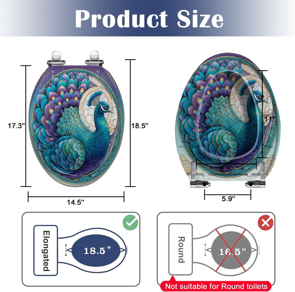 Elongated Toilet Seat Intricate Stained Glass Window Emerald Teal Design Resin Toilet Seat Slow Quiet Close Lid with Quick-Release Hinges Cover Bumpers Easy to Clean Install
