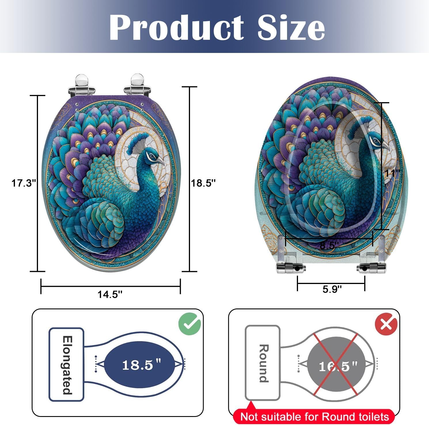 Elongated Toilet Seat Intricate Stained Glass Window Emerald Teal Design Resin Toilet Seat Slow Quiet Close Lid with Quick-Release Hinges Cover Bumpers Easy to Clean Install