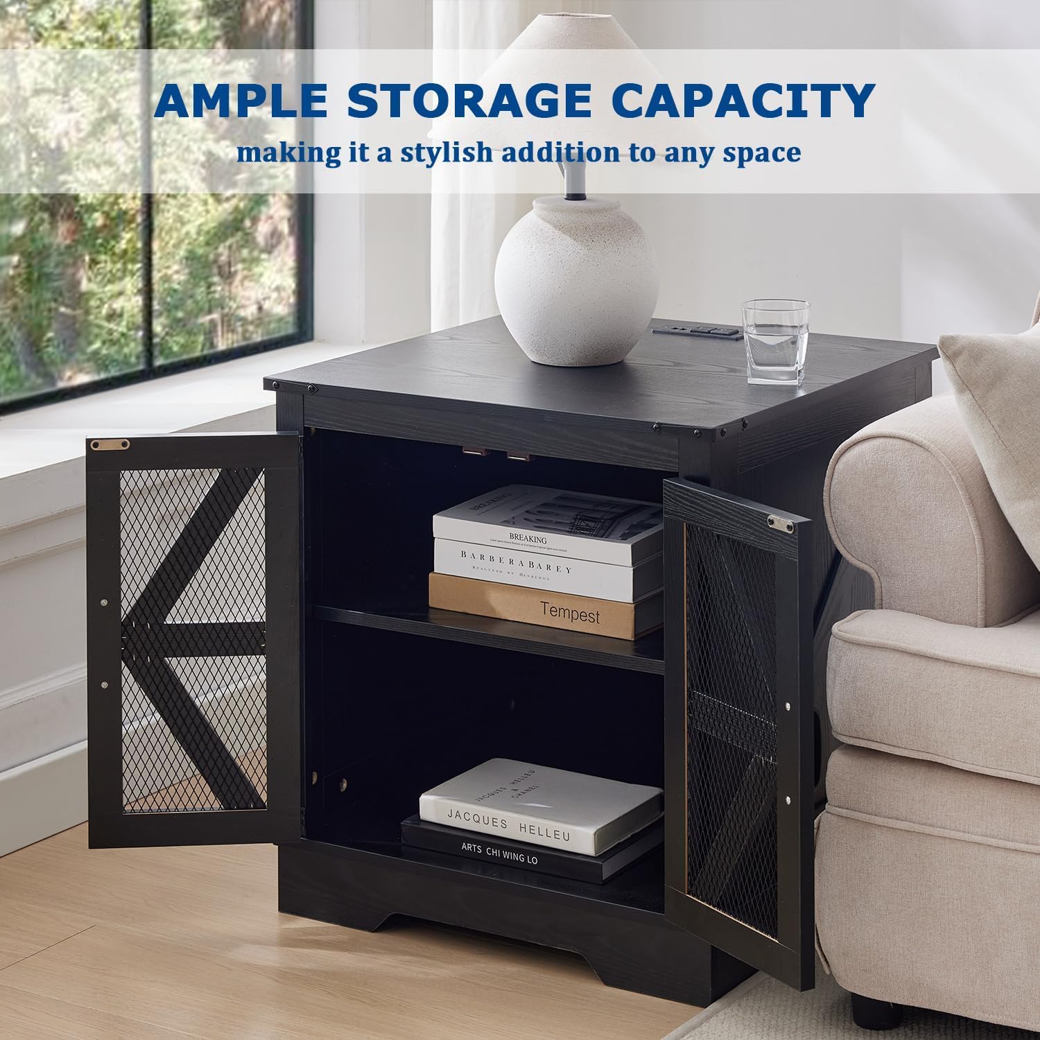 Farmhouse End Table Set with Charging Station, Black Living Room Tables with Hidden Storage, Rustic Wood Furniture for Home and Office