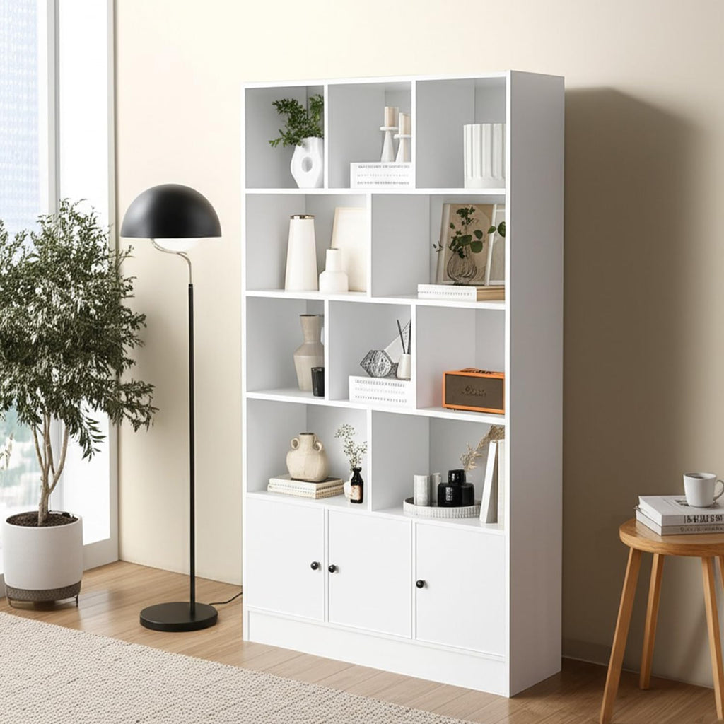 Anystyle White 5-Tier Bookshelf, 13-Cube Display Cabinet with 3 Doors, Freestanding Bookcase with Anti-Tip Kit for Living Room & Home Office, 35.4' W x 11.8' D x 65' H