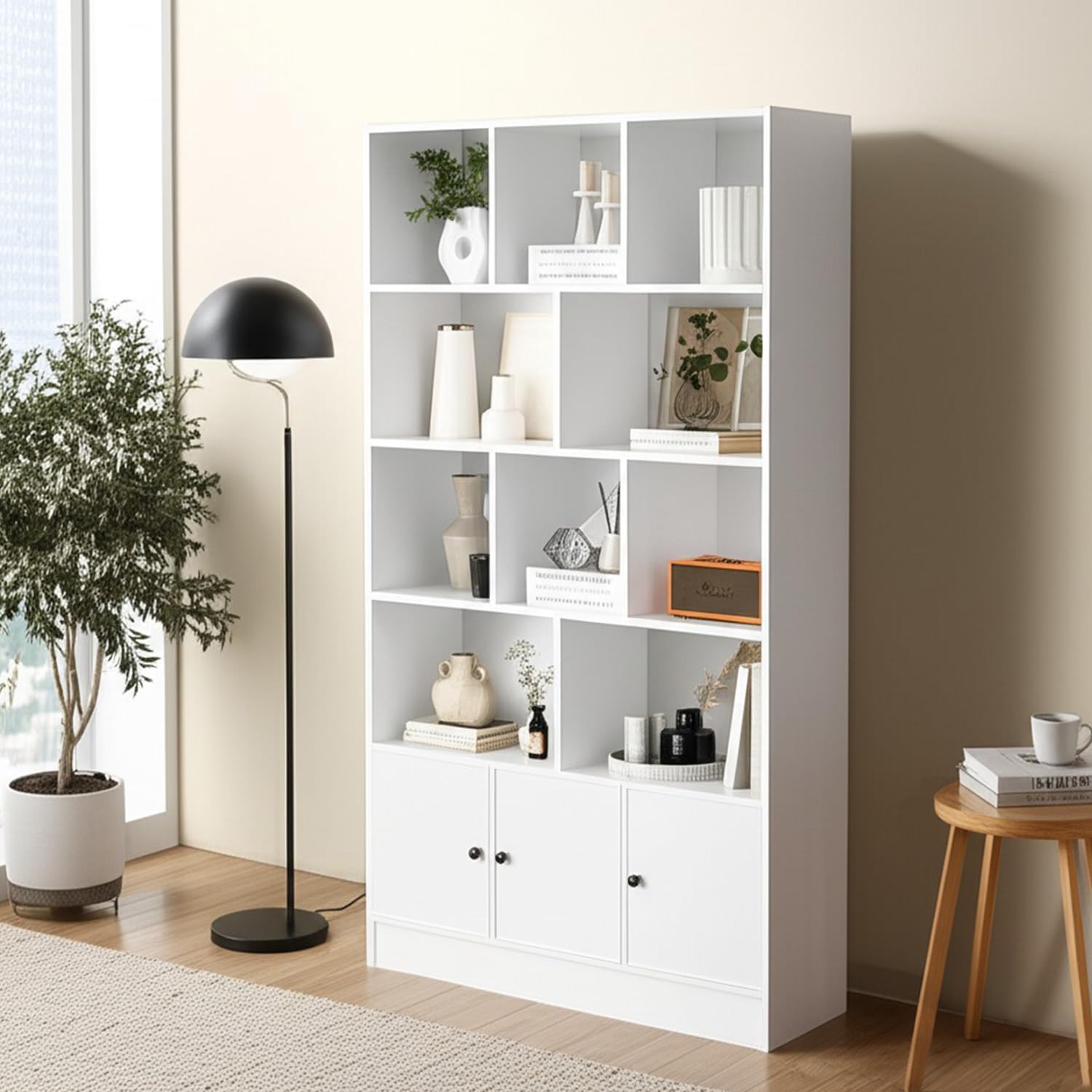 Anystyle White 5-Tier Bookshelf, 13-Cube Display Cabinet with 3 Doors, Freestanding Bookcase with Anti-Tip Kit for Living Room & Home Office, 35.4' W x 11.8' D x 65' H