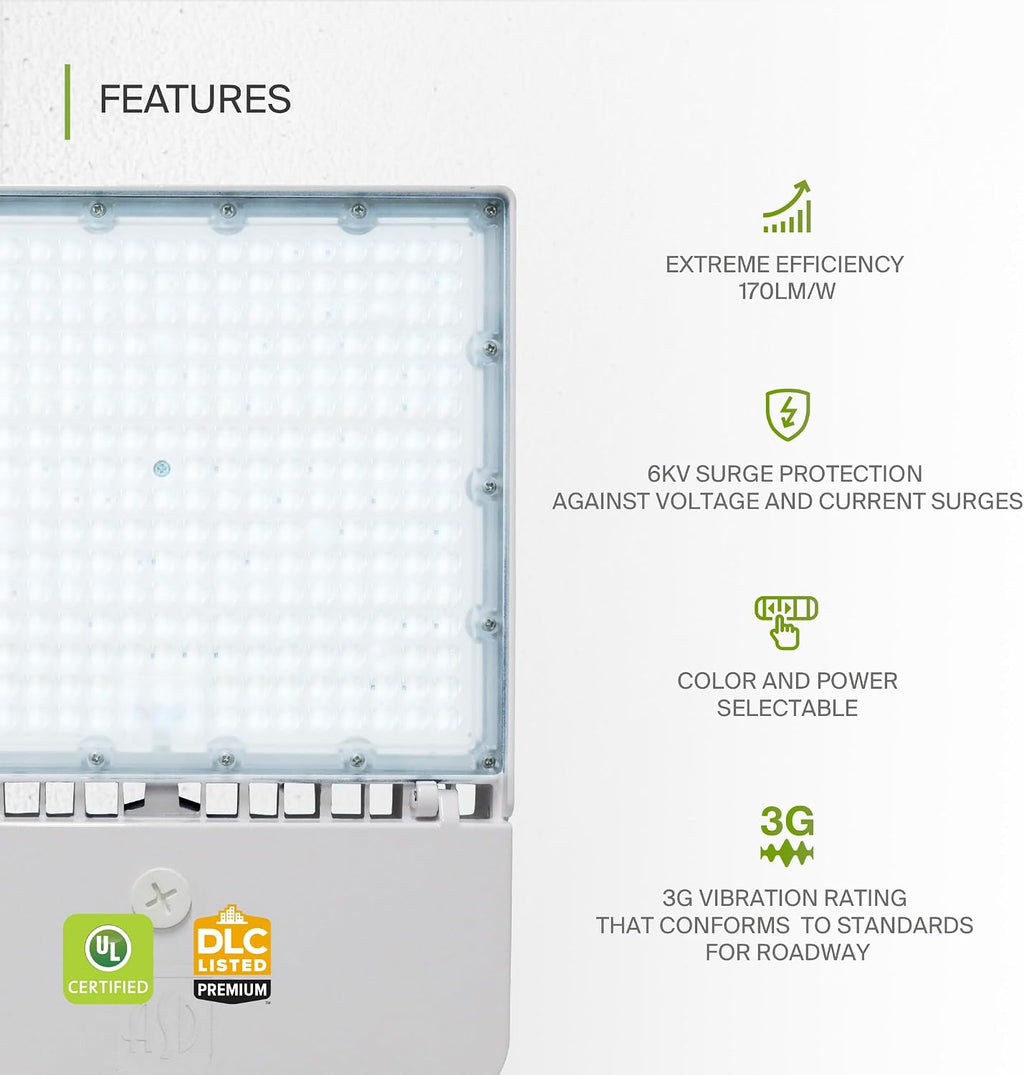 ASD LED Parking Lot Light Fixture | 100-150W 26000LM 3000-5000K 100-277V IP66 | 3CCT, Dimmable, Photocell, Waterproof, DLC, UL Listed | Dusk to Dawn Outdoor Lamp, Shoebox Area Lighting | White