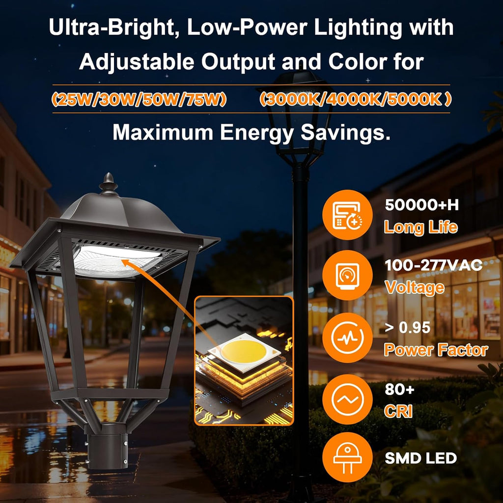 25/30/50/75W LED Post Top Light, 3000K/4000K/5000K 9750LM Adjustable CCT , IP67 Waterproof Commercial Street Area Lighting, 100-277VAC Pole Light Fixture for Parking Lot, ETL Listed (Black, 75W)