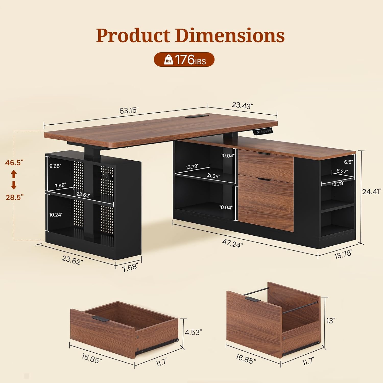 UPOSOJA L Shaped Standing Desk Adjustable Height, 53' Electric Office Desk with File Drawers & Storage Shelves, Sit Stand Corner Computer Desk with Power Outlets, Pegboard, 6 Hooks, Black & Walnut