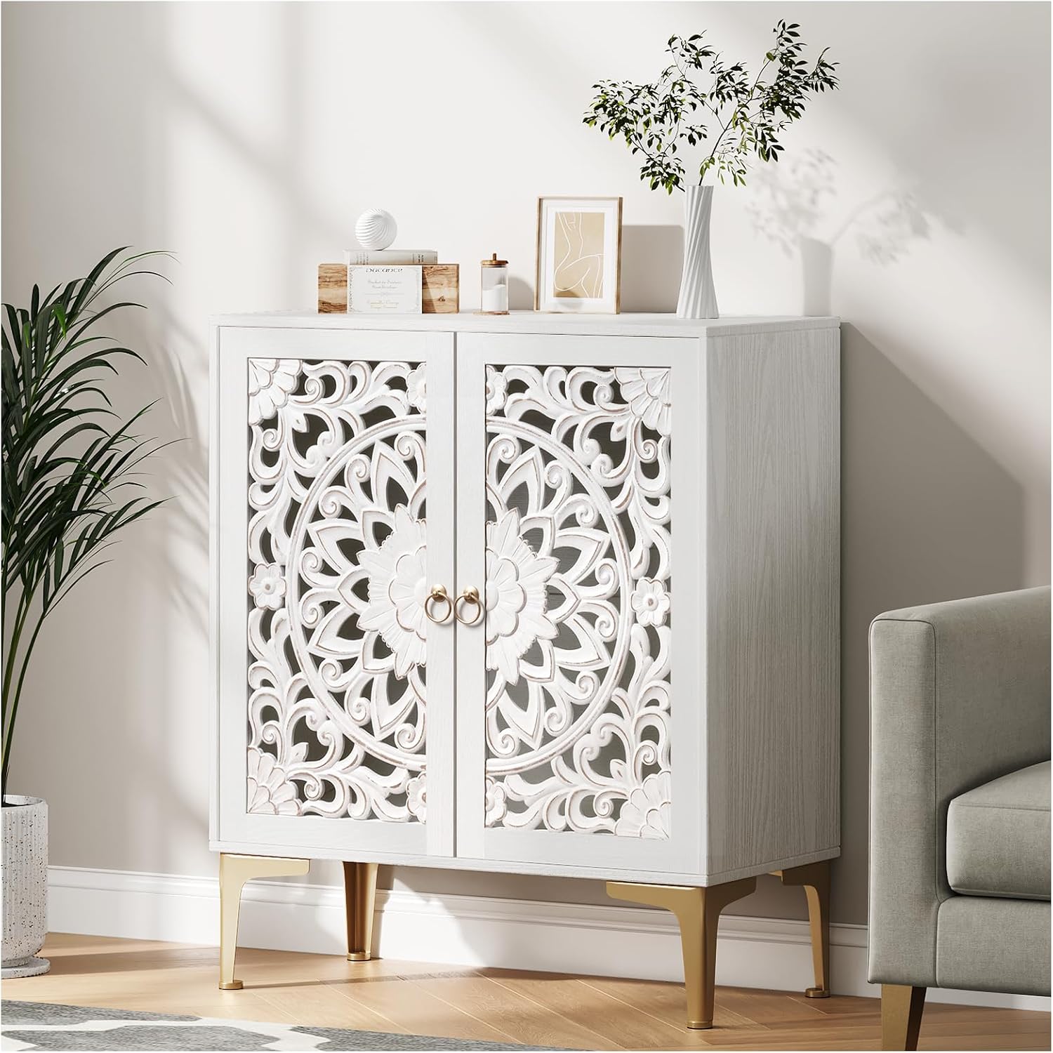 JOINICE Accent Cabinet with Doors, Set of 2, Sideboard Buffet Cabinet with Storage, 31.5' W Buffet Table with Gold Legs and Adjustable Shelf for Living Room, Kitchen, Hallway, White