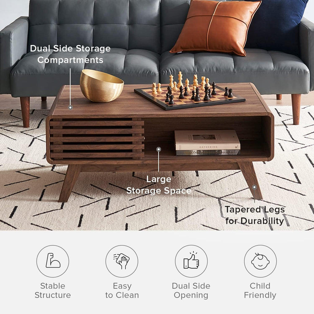 mopio Ensley Dual-Side Storage Coffee Table – Mid Century Modern Fluted Wood Table with 4 Compartments for Living Room Organization, Curved Safety Edges, Tapered Legs (Walnut, 39.2' W x 23.2' D)