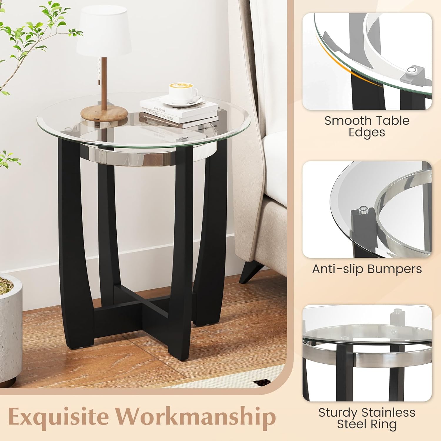 Giantex Round Glass End Table Set of 2, 24'' Side Table with Tempered Glass Top, Nightstands with Cross & Solid Rubber Wood Base, Compact Bedside Night Stand for Bedroom Office Living Room (2, Black)