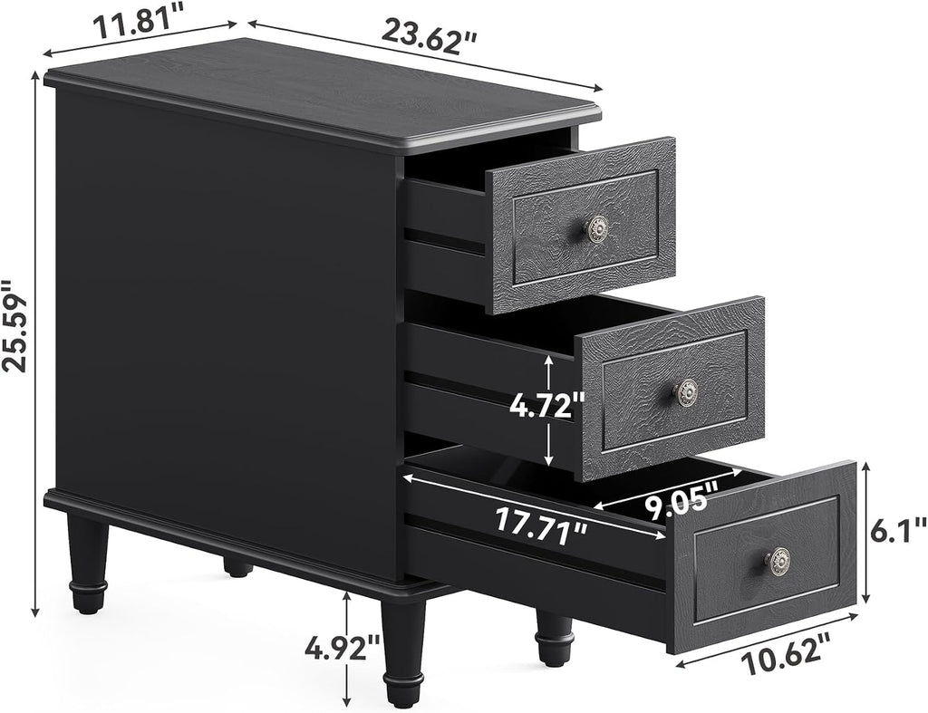 LITTLE TREE Fully Assembled End Table, Narrow Bedside Table with 3 Drawers, Vintage Nightstand for Small Spaces, Living Room, Bedroom, Black