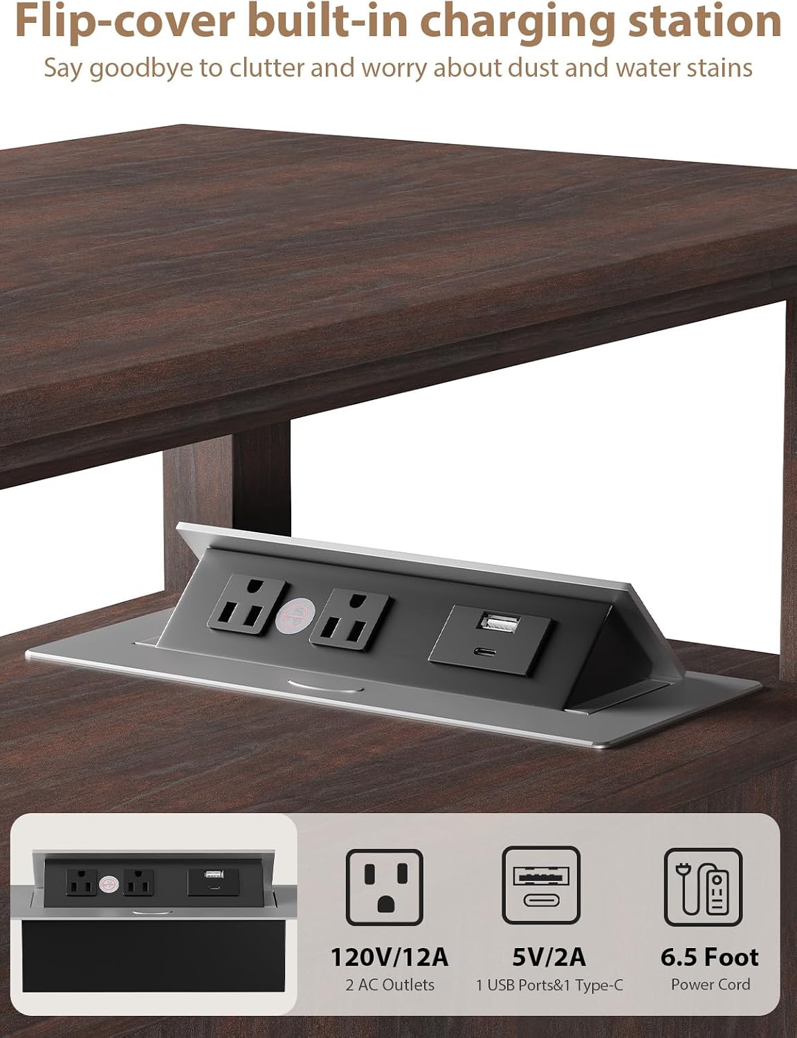 HIFYOBRO Narrow End Table with Charging Station, Flip Top Design, Type-C & USB Ports & Outlets, Adjustable Shelf for Storage in Living Room, Bedroom, Home Office