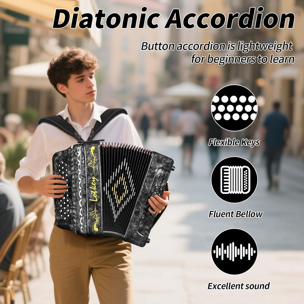 Lotkey 34 Key Diatonic Accordion, 3412 Multi Tone Celluloid Accordions Louder Clearer Timbre than Plastic for Adult, Beginner, Professional with Updated Bag, Straps, Acordeón Wrist Guard (GCF Grey)