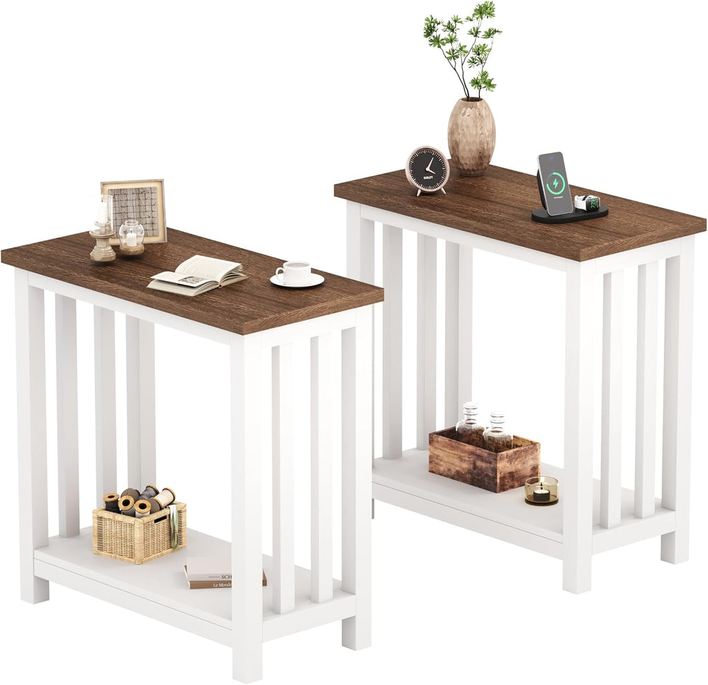 ChooChoo Farmhouse End Tables Set of 2, Narrow Side Tables for Small Spaces, Night Stands with Storage Shelf for Living Room and Bedroom, White and Brown