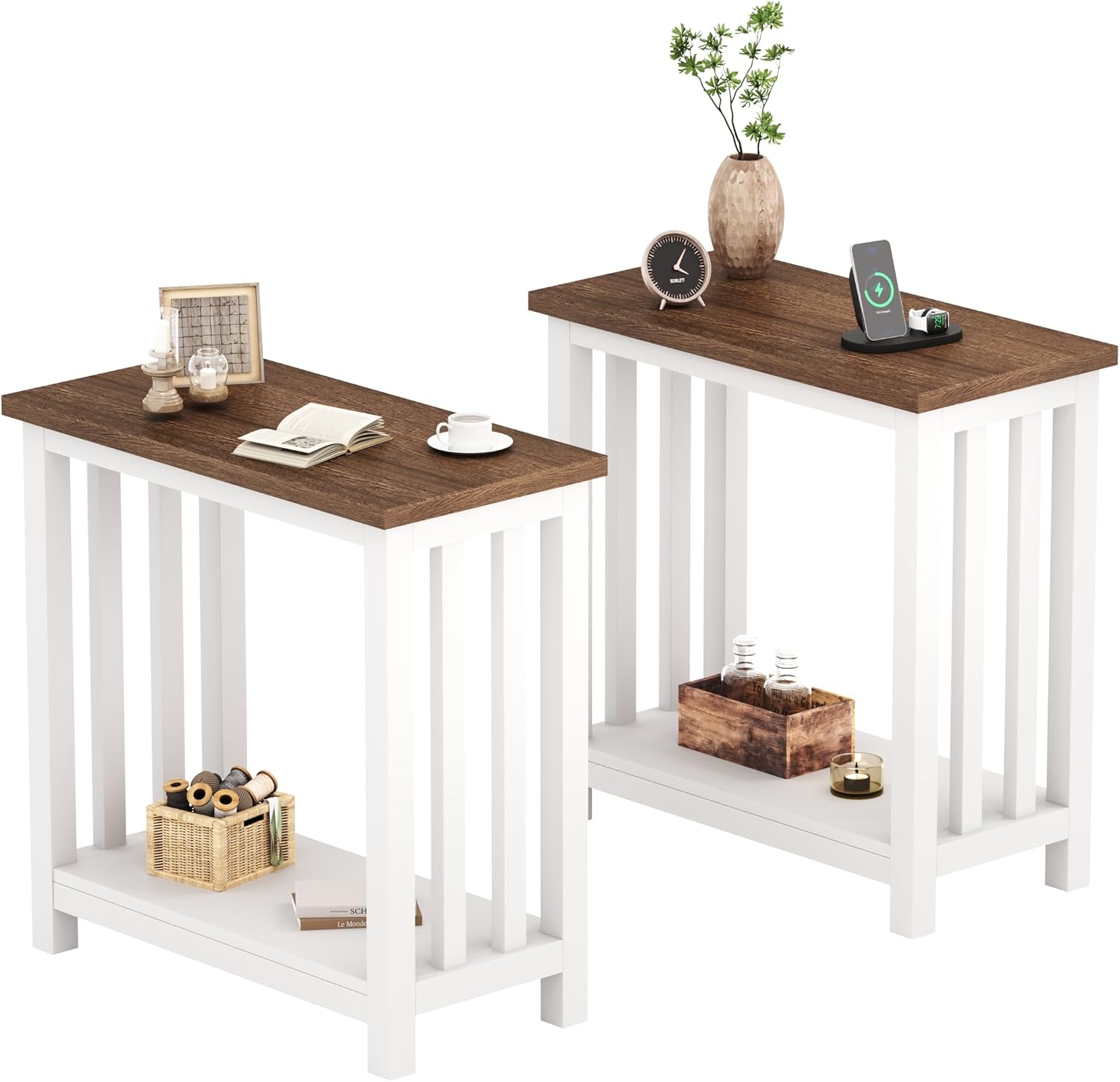 ChooChoo Farmhouse End Tables Set of 2, Narrow Side Tables for Small Spaces, Night Stands with Storage Shelf for Living Room and Bedroom, White and Brown