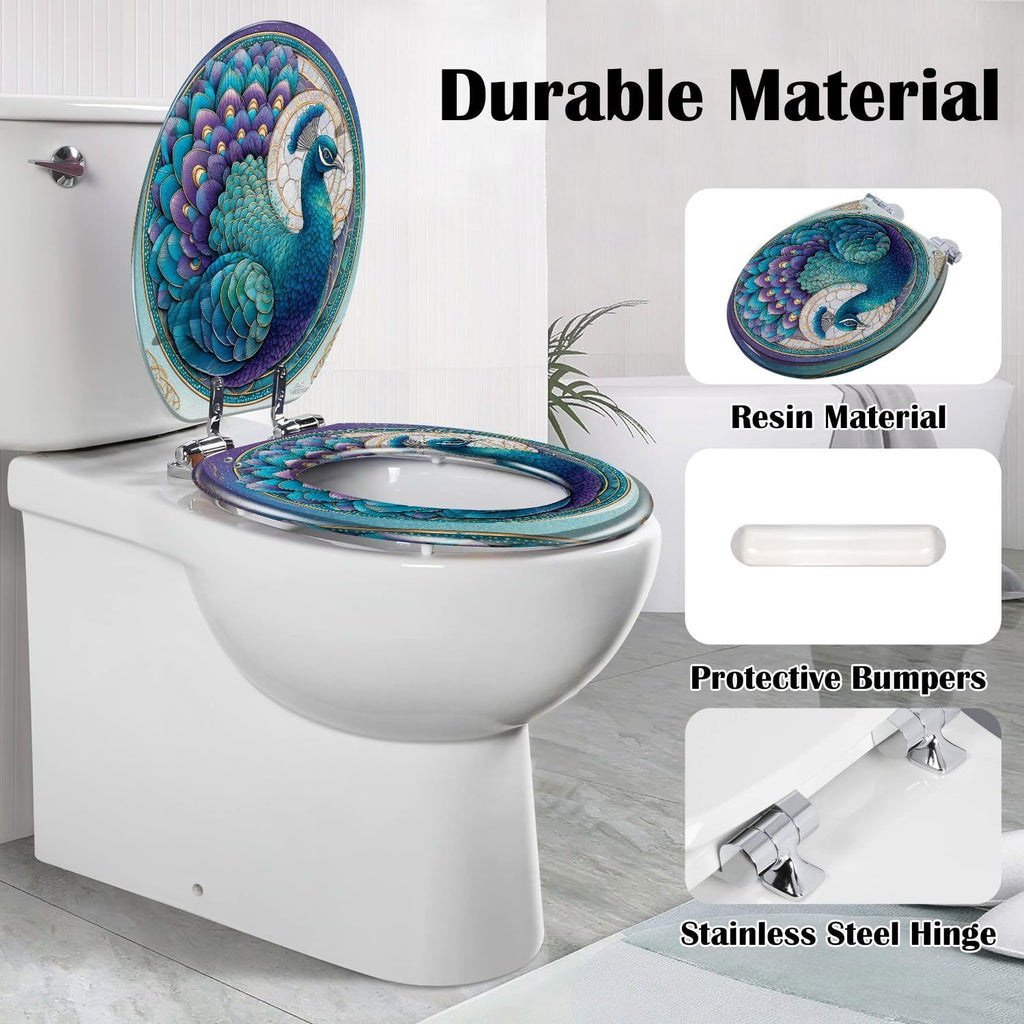 Elongated Toilet Seat Intricate Stained Glass Window Emerald Teal Design Resin Toilet Seat Slow Quiet Close Lid with Quick-Release Hinges Cover Bumpers Easy to Clean Install