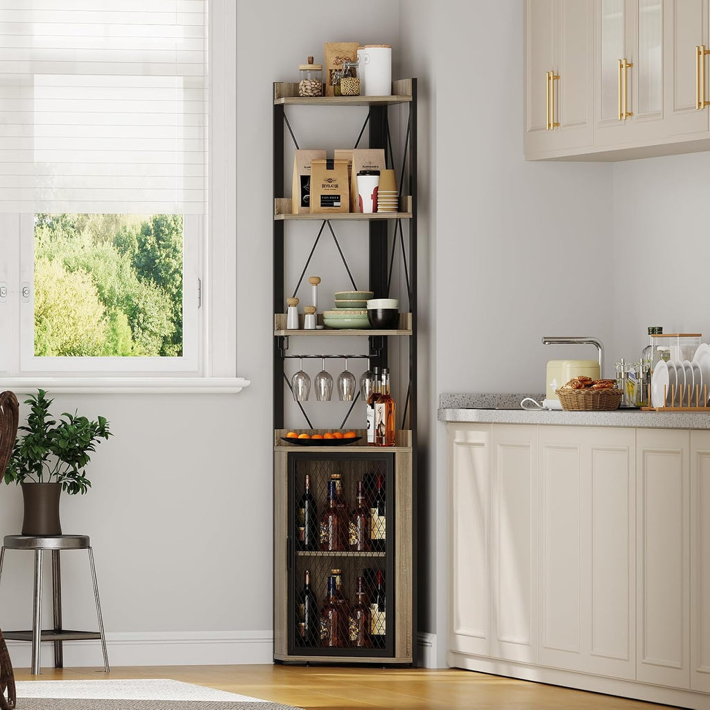 GarveeHome 69' Tall Corner Bar Cabinet with 5-Tier Shelves, Farmhouse Liquor Cabinet with Wine Rack & Glass Holder, Space-Saving Barn Door Storage Cabinet for Living Room Kitchen Home Bar - Gray