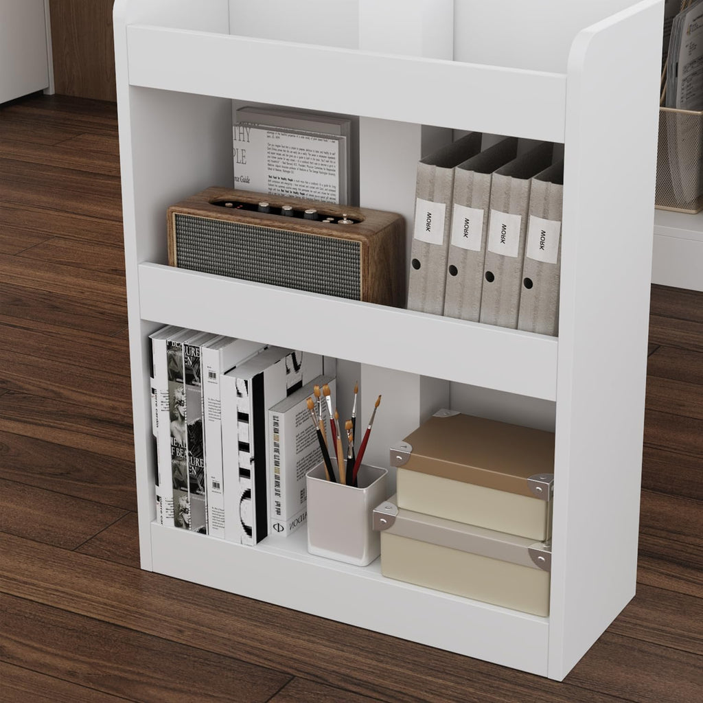 MOUMON L Shaped Standing Desk with Drawers and Shelves, Executive Adjustable Height Desk, L-Shaped Design, 63 inch Tabletop, for Office Oak and White (63'W x 63'D x 28.9-45.3'H)
