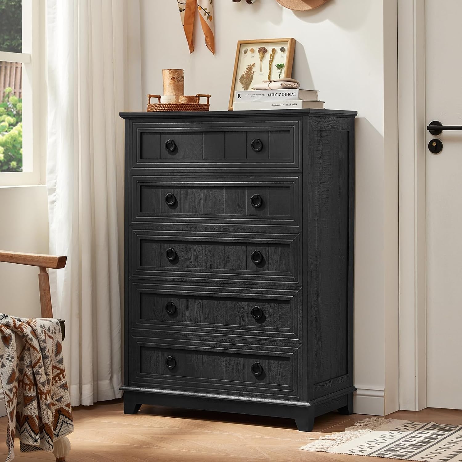 Joaxswe Farmhouse 5 Drawer Dresser for Bedroom Set of 2, 42' Tall Small Dressers & Chest of Drawers, Rustic Wood Dresser with Metal Handle, Storage Organizer Closet for Living Room, Hallway,Entryway