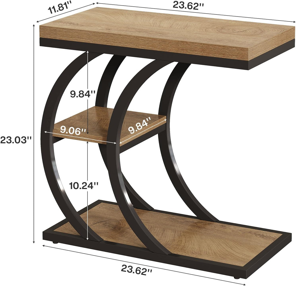 Tribesigns End Table Set of 2, 3-Tier Narrow Wood Couch C-Shaped Side Table with Storage, Industrial Nightstand for Bedroom, Small Spaces, Natural