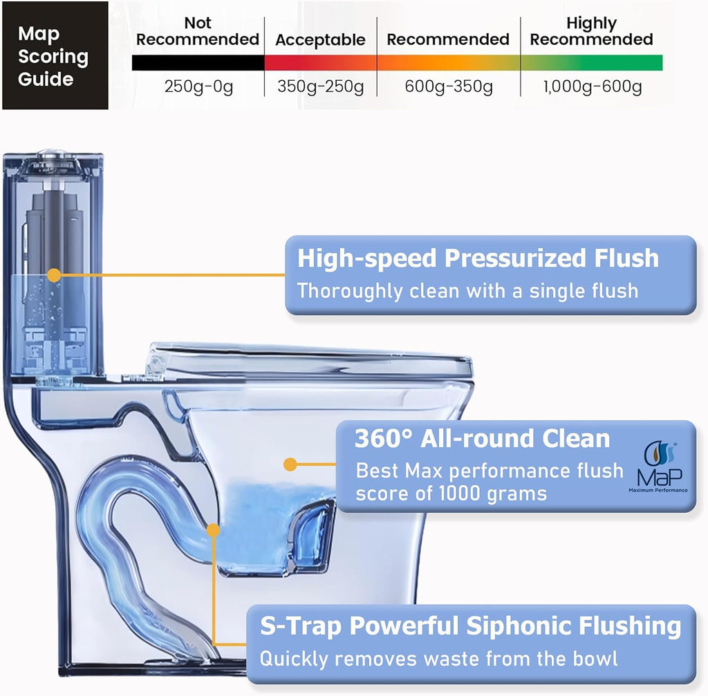 Dual Flush One Toilet, Water Saving Elongated Comfort Height Floor Mounted, Soft Closing Seat, 1000 Gram Map Flushing SToilet, Glossy White GF 24T02 GW