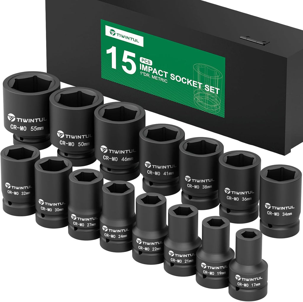 1-Inch Drive Deep Impact Socket Set,15 Pcs, Metric,CR-MO,17/19/21/22/24/27/30/32/34/36/38/41/46/50/55mm Heavy Duty Large Sockets for Truck, Excavator & Industrial Use, with Metal Case