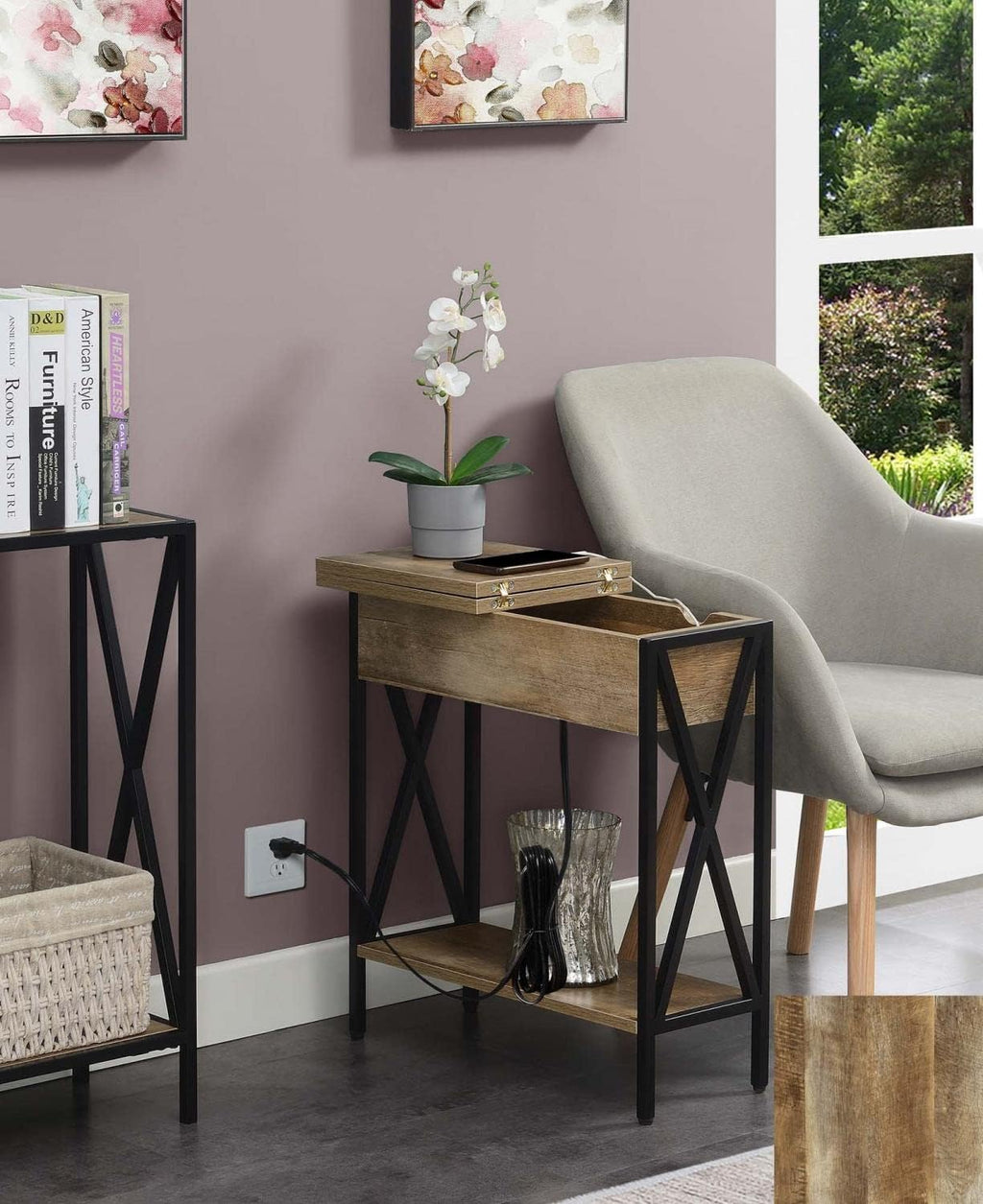 Convenience Concepts Tucson Flip Top End Table with Charging Station 23.75' - Modern Living Room Table with Storage Shelf, Side Table Side Table, Weathered Barnwood/Black