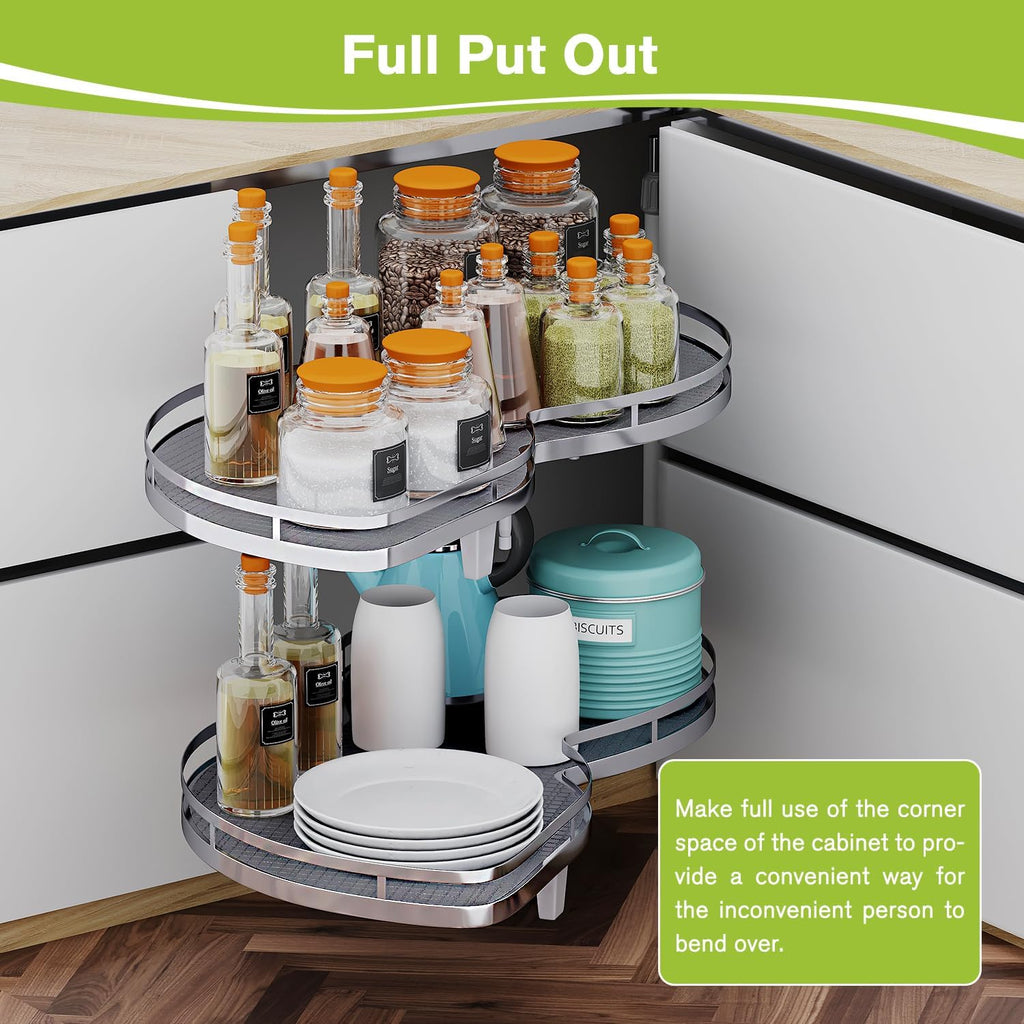 Blind Corner Cabinet Pull Out Organizer, Soft Close Swing Left Pull Out Cabinet Organizer 30inch, Corner Cabinet Lazy Susan for Cabinet Blind Shelf, 2 Tiers Tray, Adjustable Height