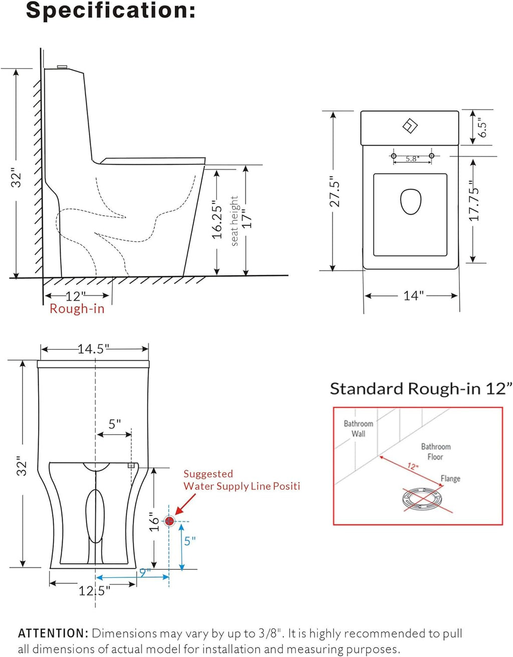 WinZo Modern Square Toilet One Piece With Golden Push Button Dual Flush Elongated Rectangle Comfortable ADA Height,White with golden Parts