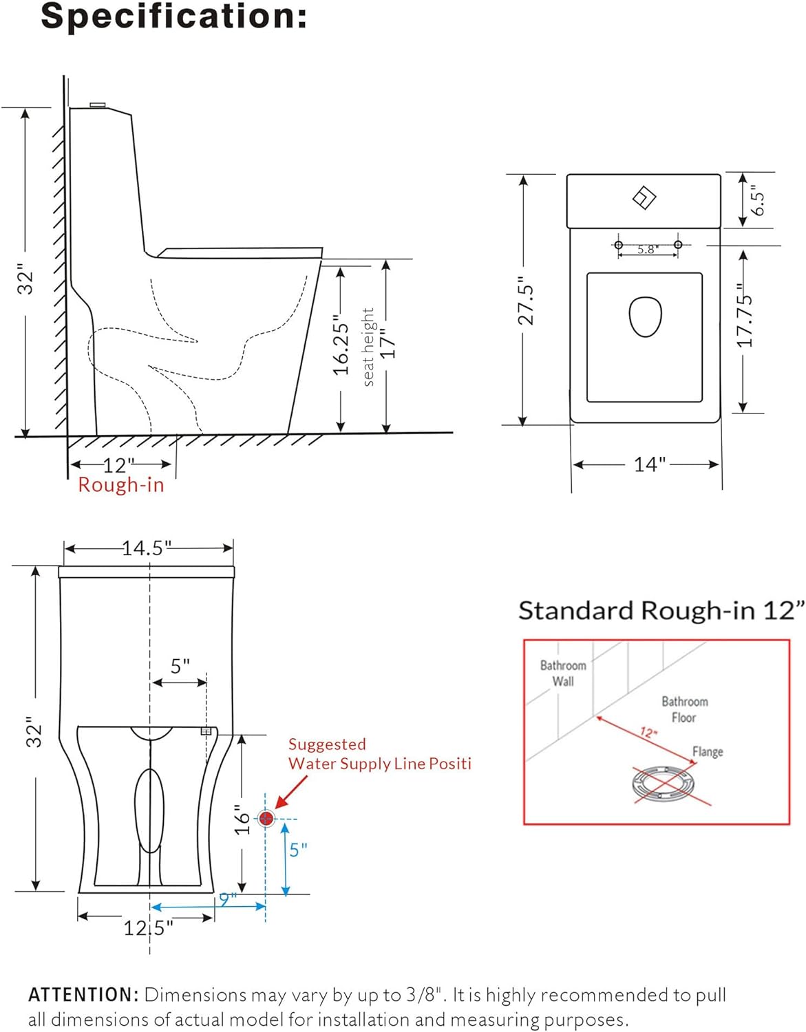 WinZo Modern Square Toilet One Piece With Golden Push Button Dual Flush Elongated Rectangle Comfortable ADA Height,White with golden Parts
