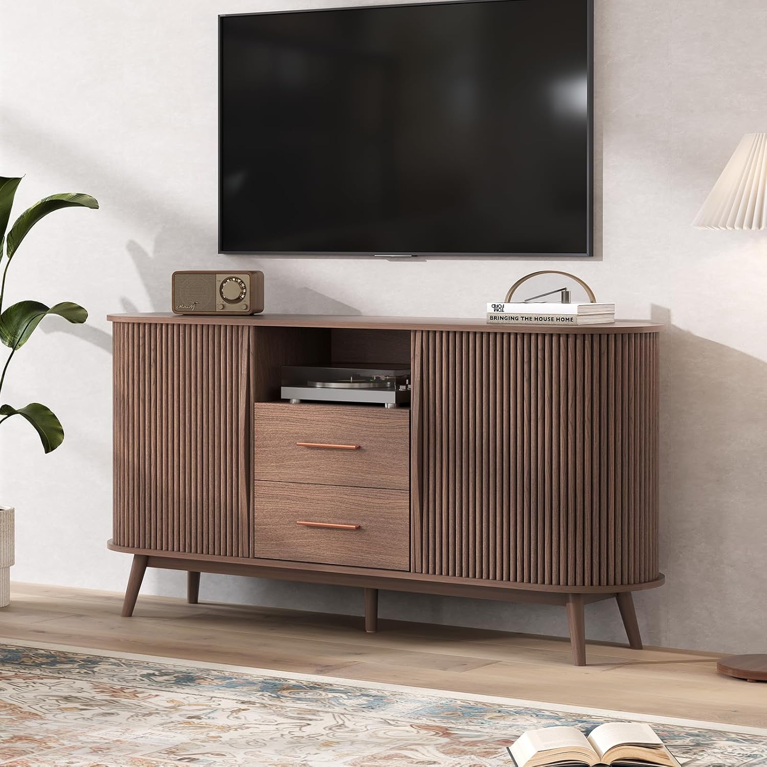 JOINICE 63' Fluted Storage Cabinet for Living Room,Mid-Century Modern Sideboard with Sliding Doors, Walnut Buffet Cabinet with Drawers & Solid Wood Legs, Large Accent Credenza for Home, Dining Room