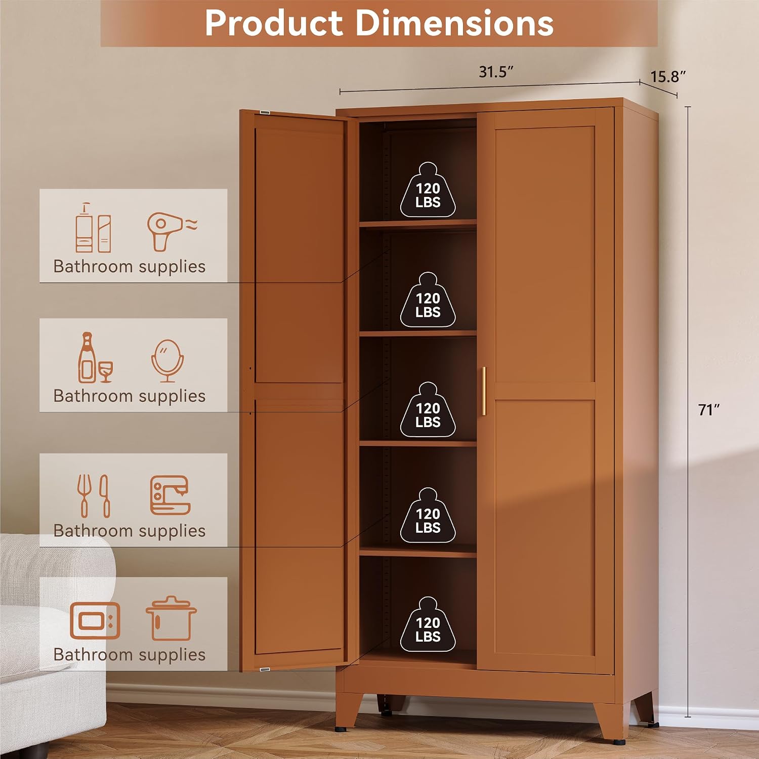 Baborokic 71H Tall Metal Storage Cabinet with 2 Doors and Adjustable Shelves,Kitchen Pantry Storage Cabinets,Tall Freestanding Cupboard for Bathroom,Office,Dining Room,Rustic Brown