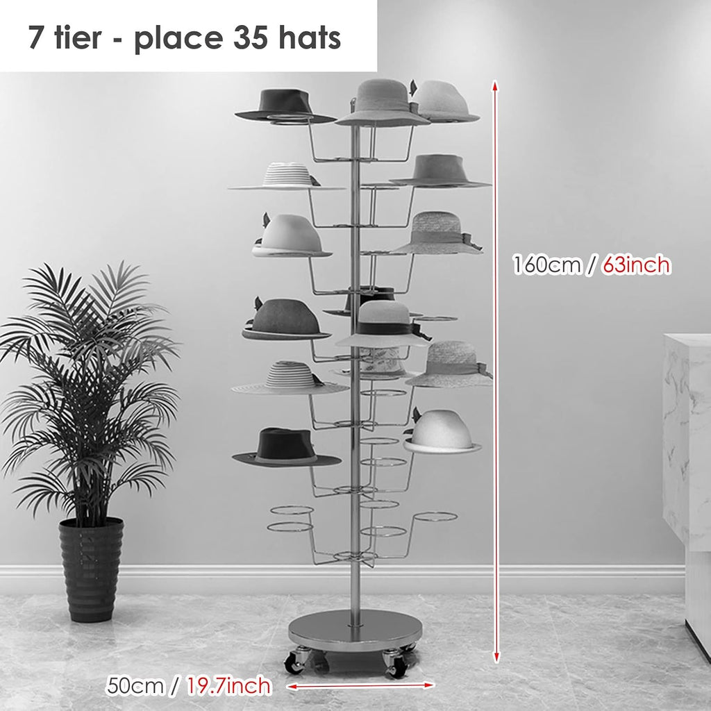 SRNSAEB 7 Tier Large Rolling Hat Racks for Baseball Caps, Modern Metal Floor Wig Display Holder, 35 Hooks Commercial Hat Stand Organizer (Color : Gold)