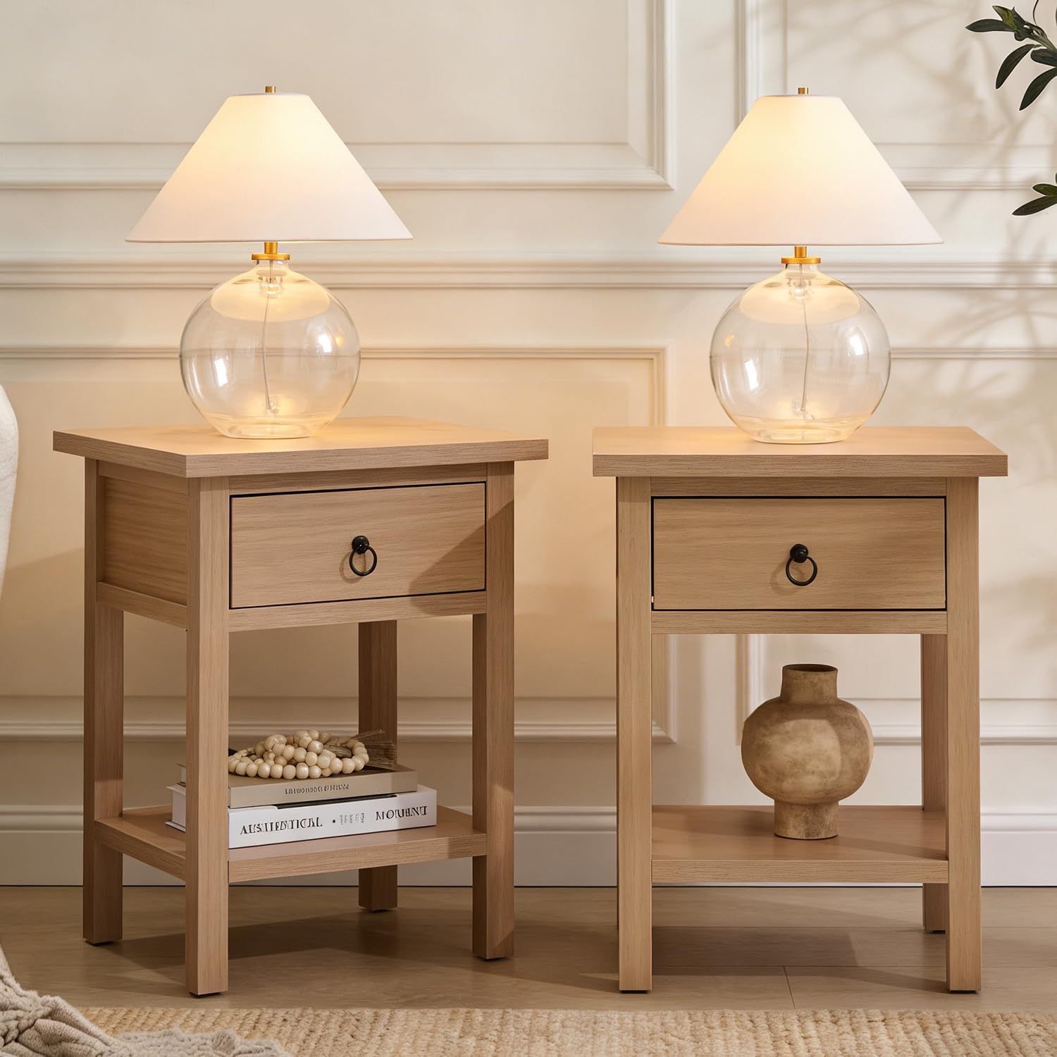 Nightstand Set of 2, Boho Bedside Table with Drawer, Farmhouse End Table with Open Storage Shelf, Bed Side Table Accent Table for Bedroom, Living Room