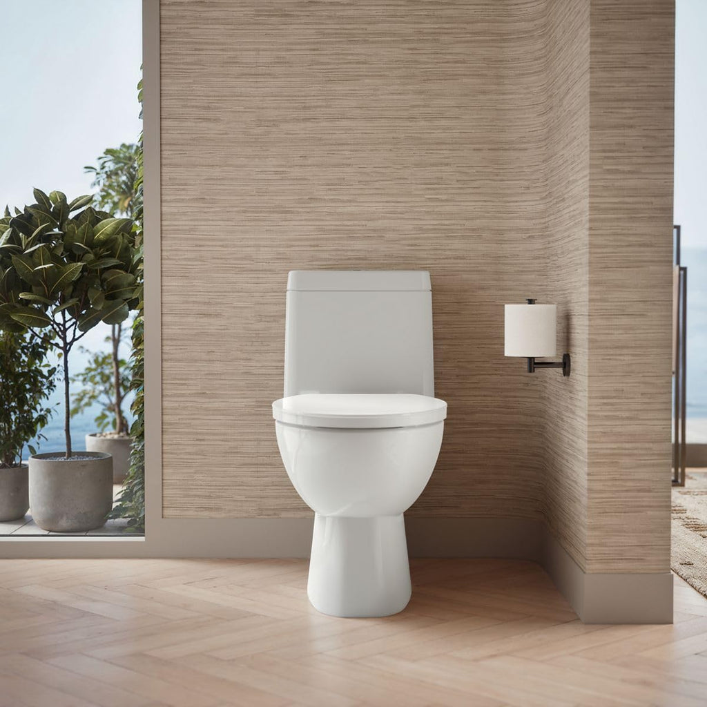 KOHLER K-3983-S-0 Reach One-Piece Dual-Flush Compact Elongated Bowl Toilet with Slow Close Toilet Seat Included, White, 12-inch Rough-in