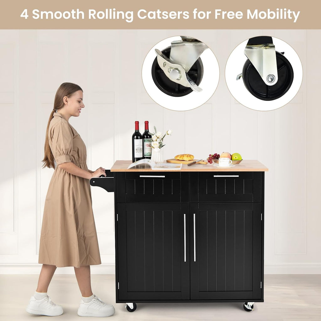 Kitchen Island with Storage, Mobile Kitchen Trolley Cart with Wheels, Rubber Wood Top, Adjustable Shelves, Towel Rack & Drawers, Rolling Kitchen Island Cart, 37' L x 18' W x 37' H (Black)