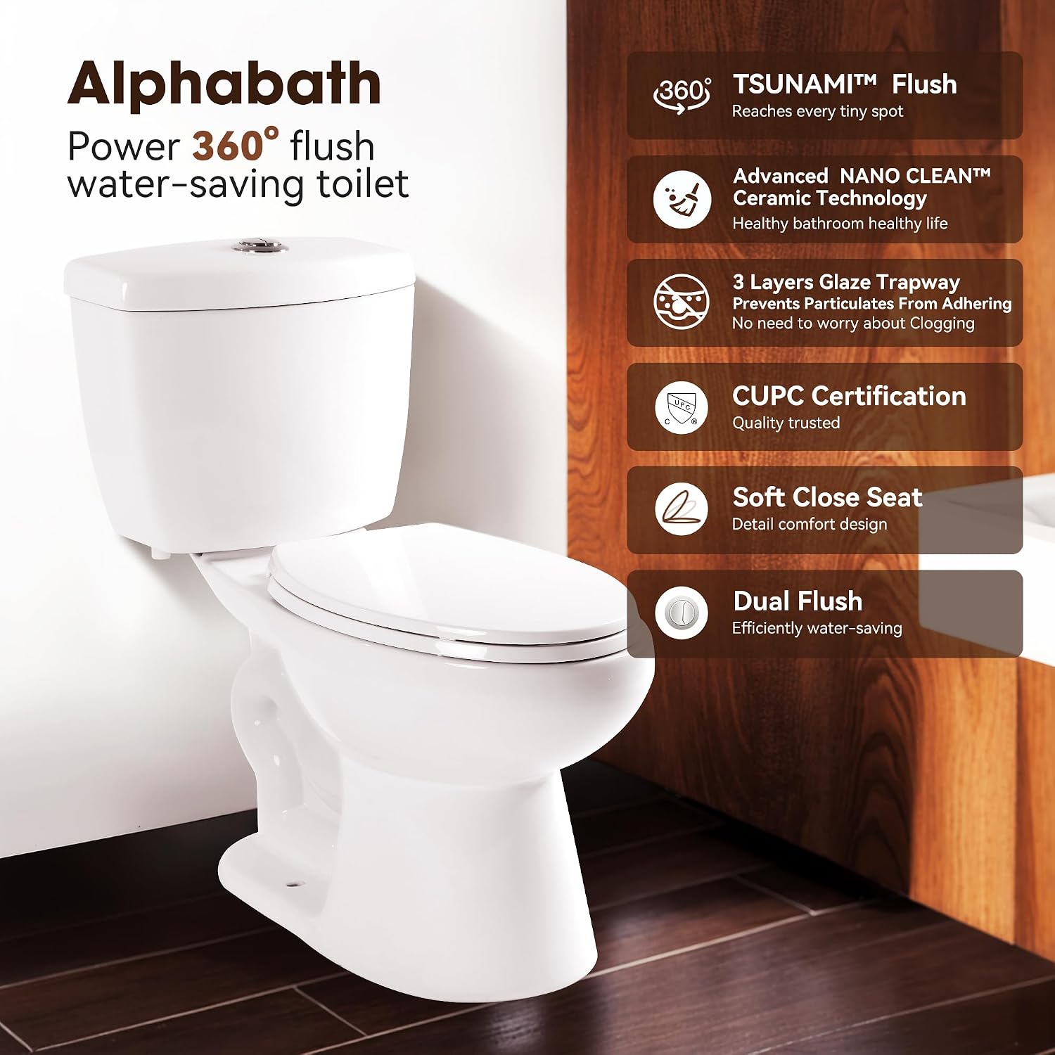17' Comfort Height Toilet with Soft close seat, Two piece Toilets for Bathroom, Nano Self-Cleaning Glaze, Dual Flush 0.8/1.28 GPF, Easy to Clean & Install, ADA Height, 12' Rough-In