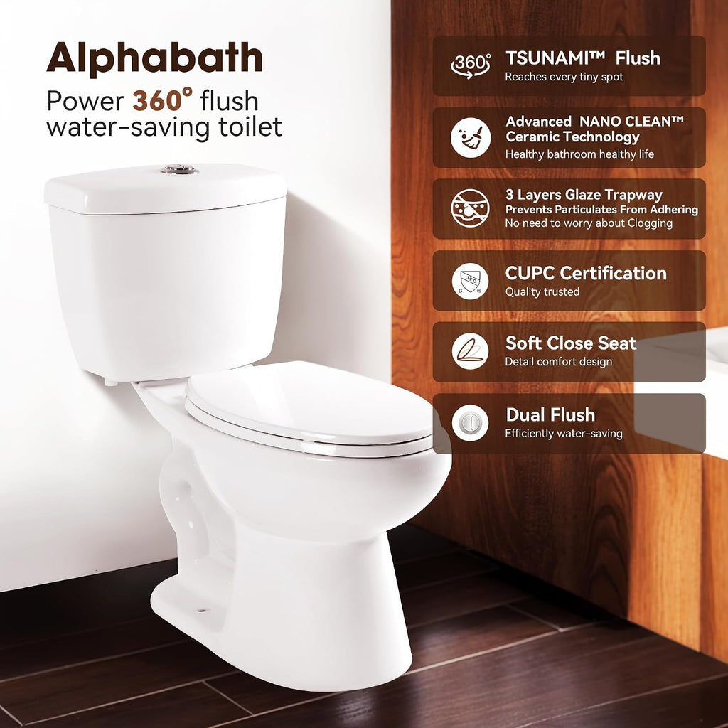 17' Comfort Height Toilet with Soft close seat, Two piece Toilets for Bathroom, Nano Self-Cleaning Glaze, Dual Flush 0.8/1.28 GPF, Easy to Clean & Install, ADA Height, 12' Rough-In