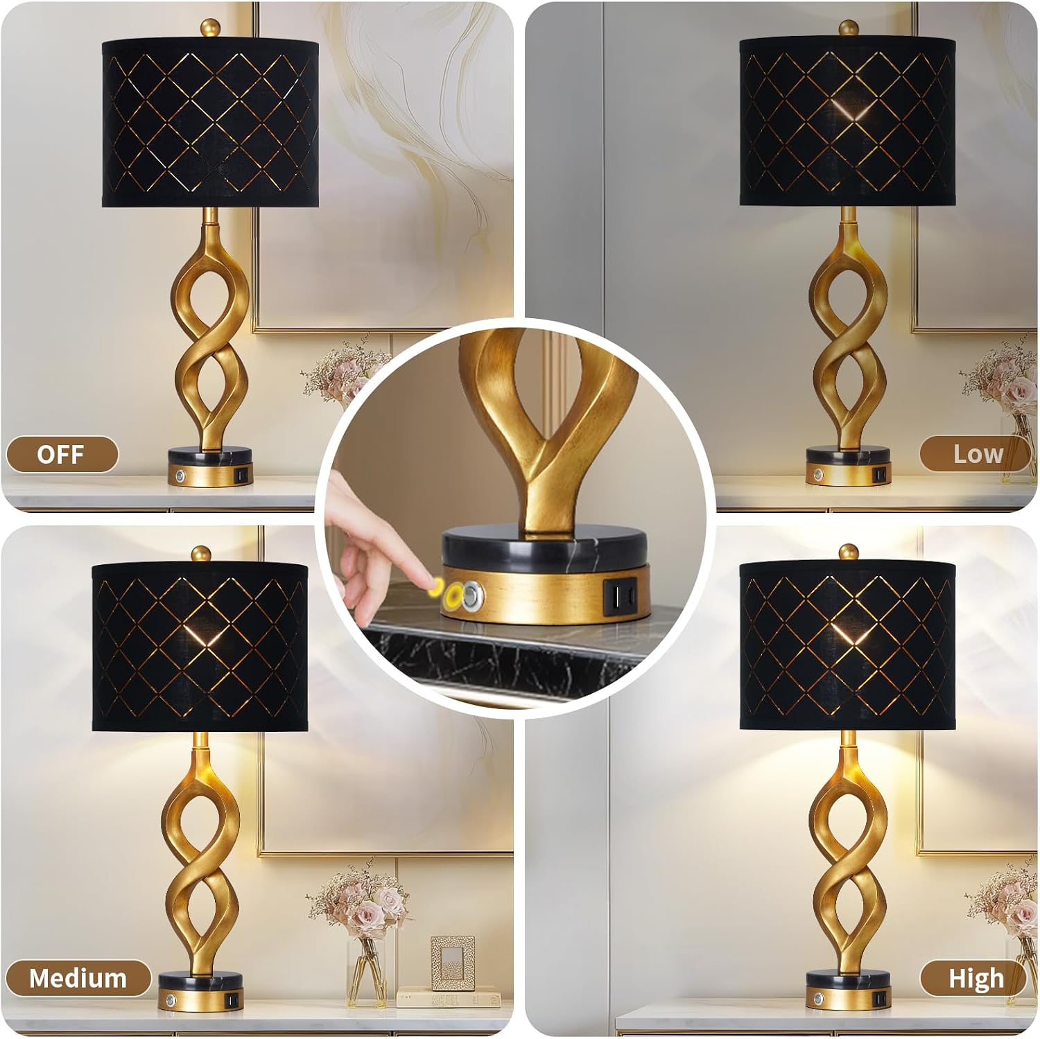 Cinyirong 30' Black and Gold Table Lamps Set of 2 for Bedroom, Modern Touch Control Bedside Lamps for Living Room, 3-Way Dimmable Sculptural Resin Nightstand Lamps with USB A+C Ports and 2 LED Bulbs