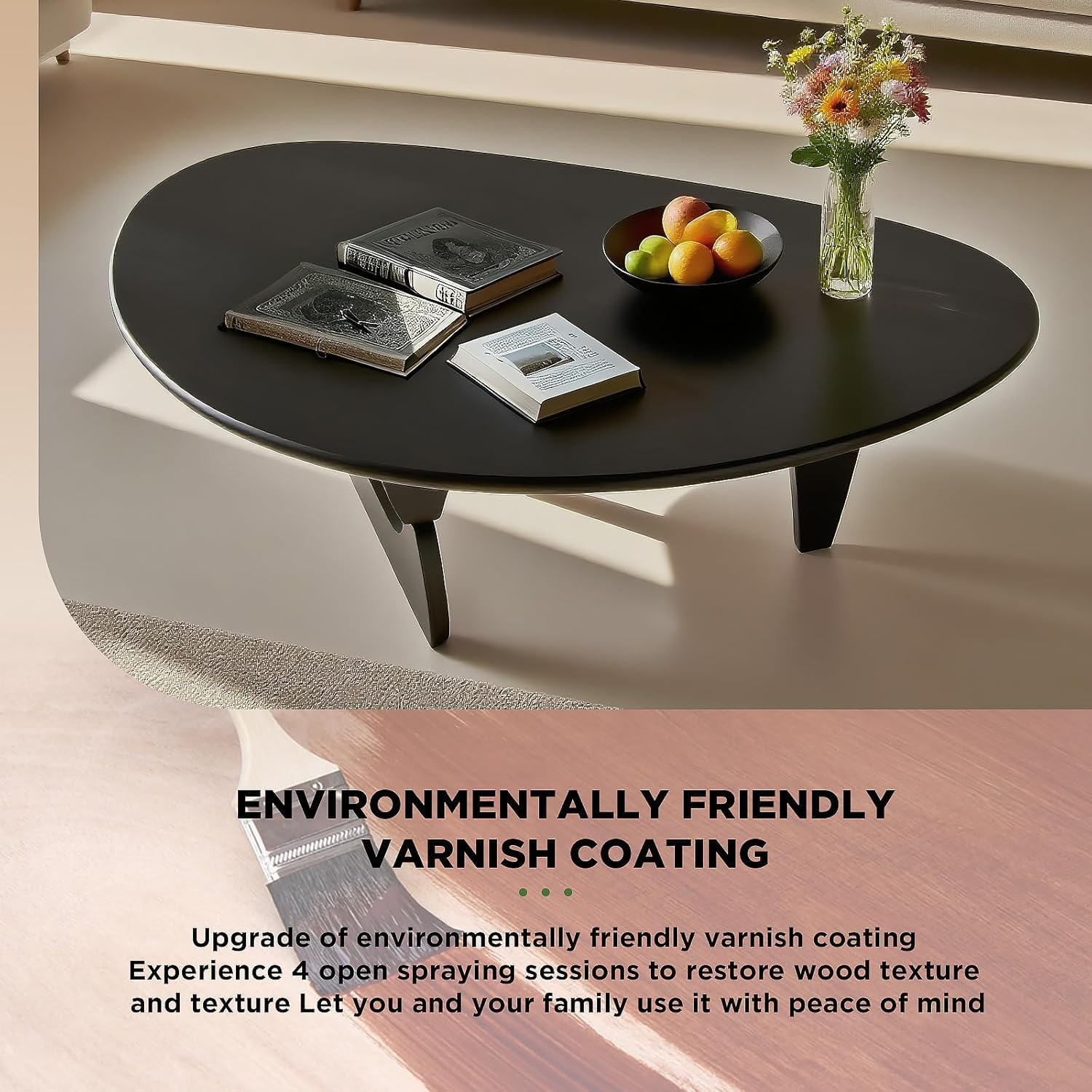 Solid Wood Triangle Coffee Table,Unique Mid Century Modern Oval Coffee Table,Irregular Geometric Tea Tables for Home Living Room with Wooden Tabletop and Reinforced Legs Black 50' L x 31' W x 16' H