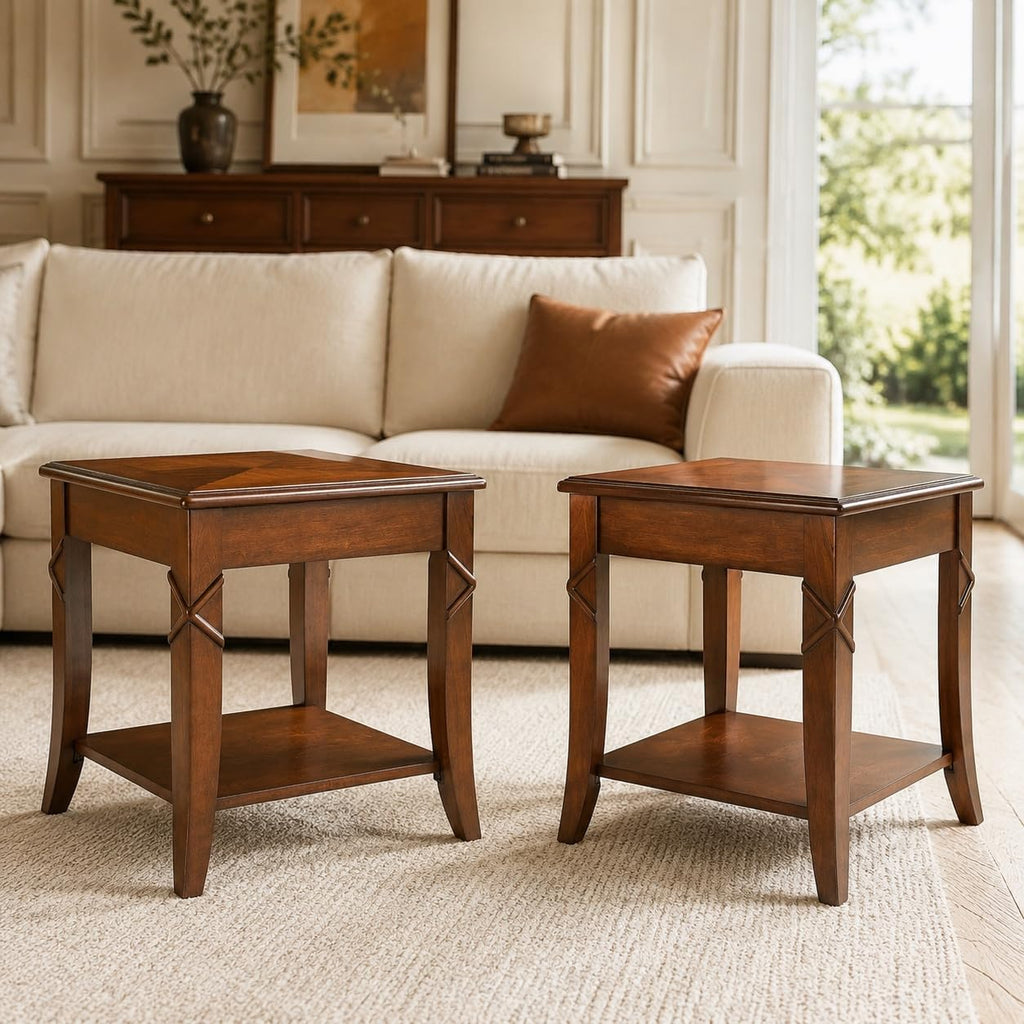Living Room Tables Set of 3- One Coffee Table and Two End Table with Carved Tabletop and Leg, Mid-Century Sofa Beside Table and Center Table with Carved Legs, Easy Assembly, Cherry Brown KFZ-CJZ-DR200